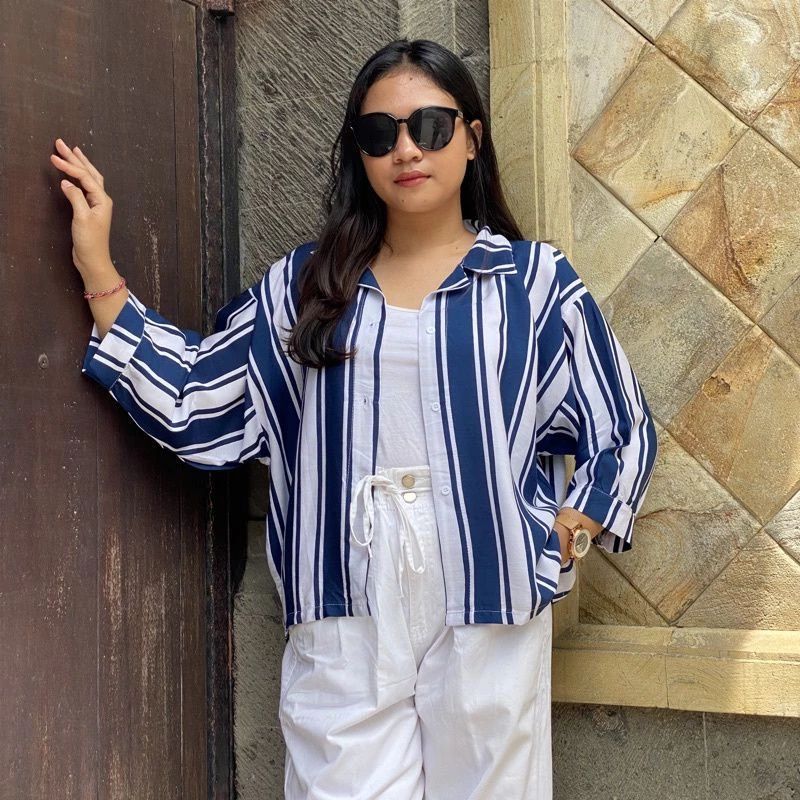 Kemeja Wanita Motif Salur / Kemeja Jumbo Bahan Rayon