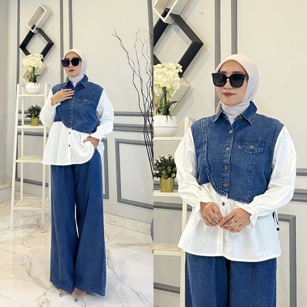SHARON SET BY MSF SETCEL STELAN CELANA KULOT KEMEJA KEKINIAN SETT JEANS TERBARU KEKINIAN FASHIONABLE