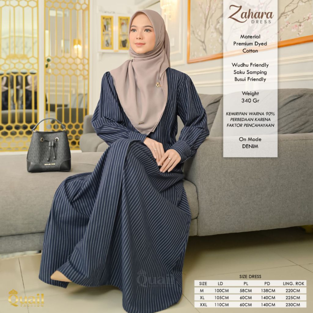 Zahara Gamis Dress Wanita Original Quail Fashion Premium Dyed Cotton Motif Garis Vertikal Panjang Bu