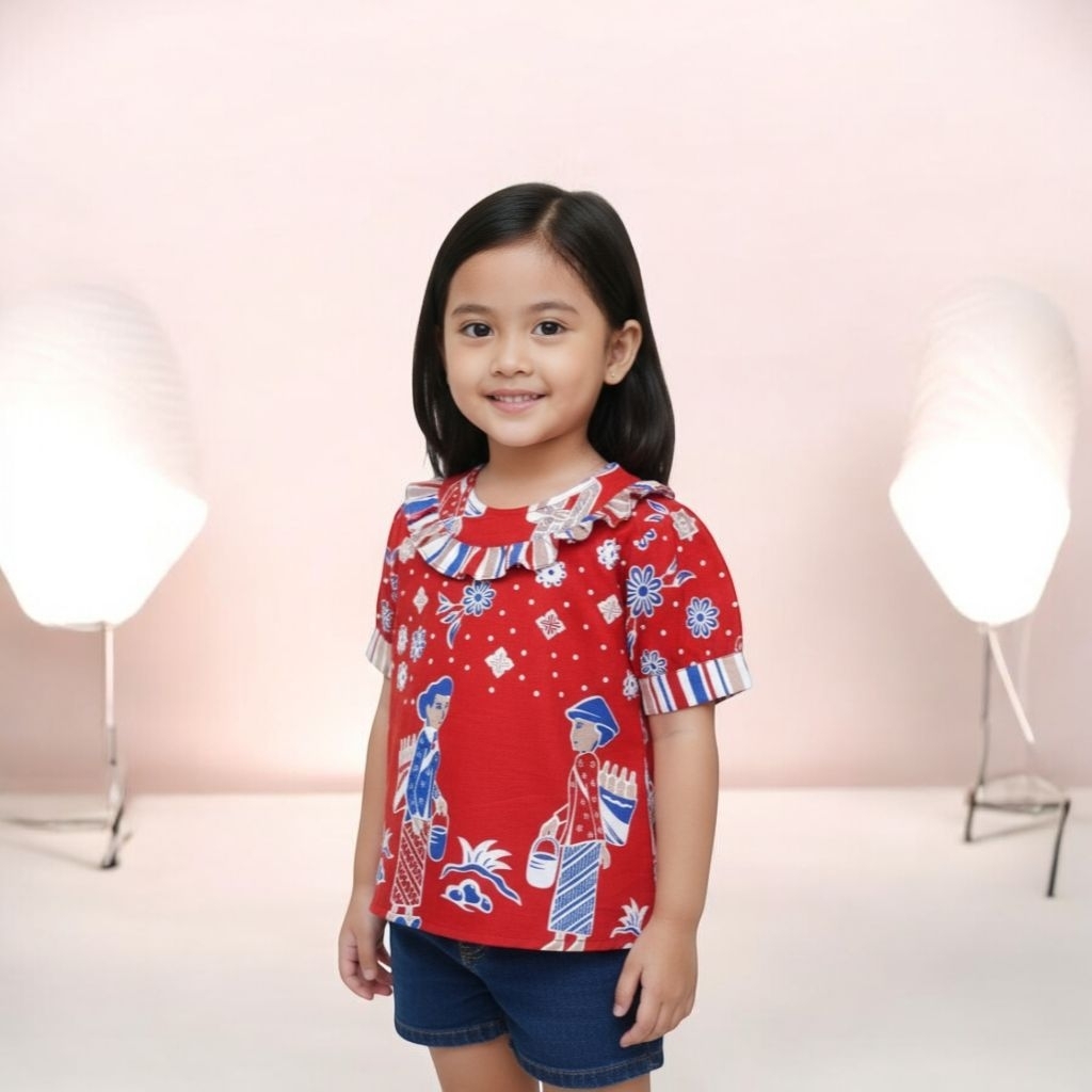 ATASAN BATIK ANAK PEREMPUAN.BATIK JAMU GENDONG. batik anak nyaman dan lucuMERAH#KUING#TOSKA#MERAH#PI