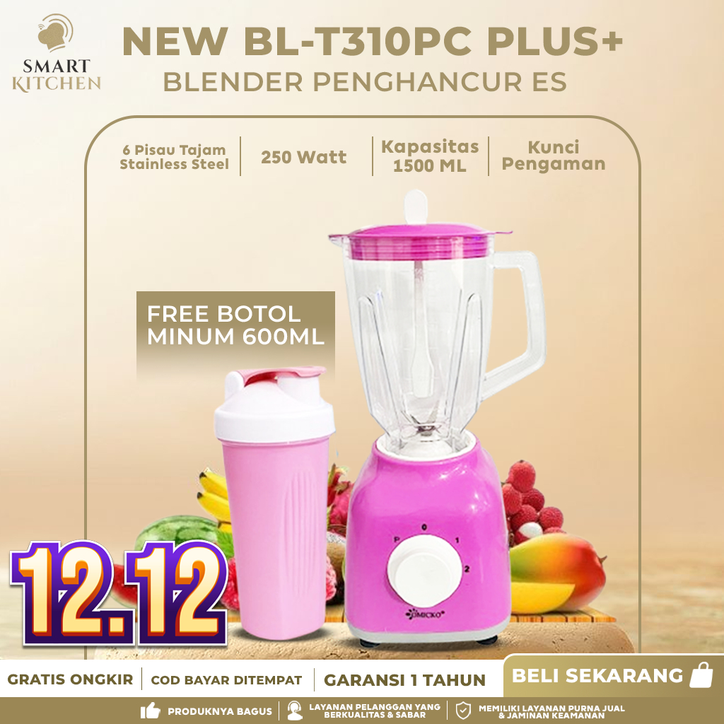 OMICKO Blender Serbaguna Warna Pink BL-T310PC — Penghancur Es, 6 Pisau Stainless, 1000ml, 190W