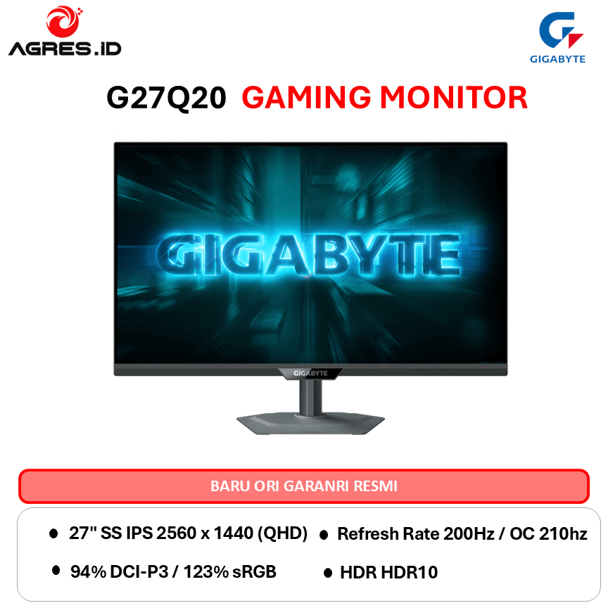 GIGABYTE GAMING MONITOR 27 INCH SS IPS QHD 2K 1440P 1MS 180HZ G27Q20 HDR