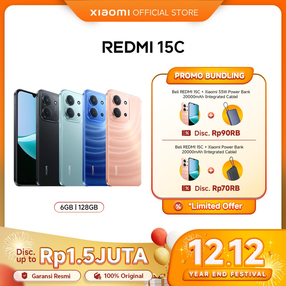 Xiaomi Redmi 15C (6GB/128GB) (8GB/256GB) | Baterai besar 6000mAh dengan pengisian daya 33W | Desain 
