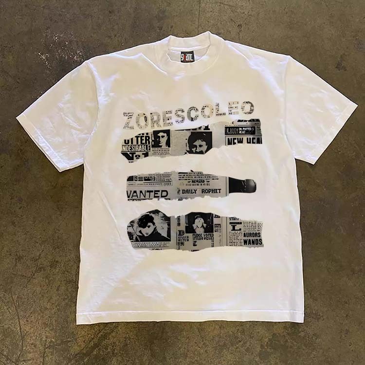 JJ.STORE Desain unik Korea dengan cetakan koran bekas Lengan pendek baju atasan wanita terbaru kekin