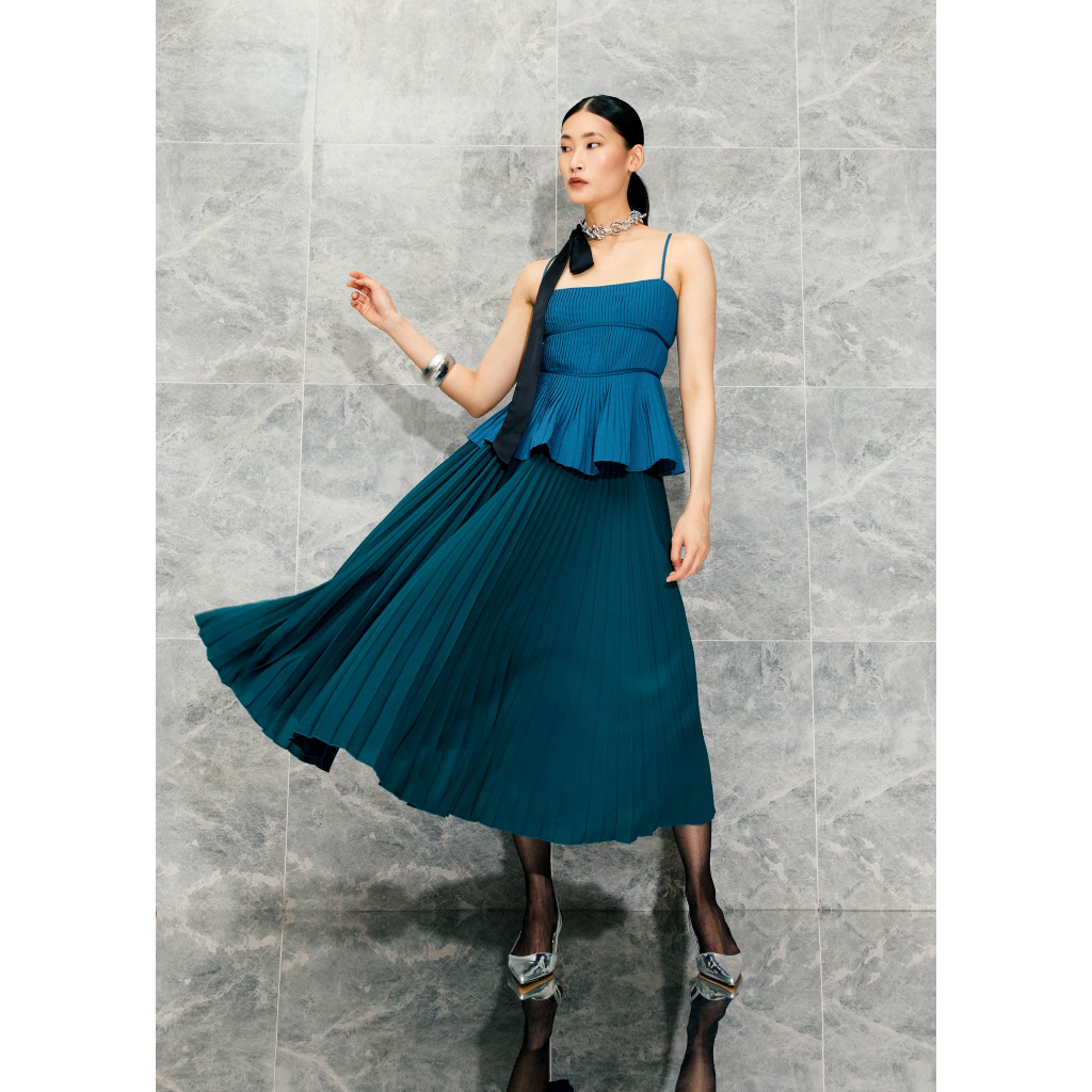 Love Bonito - Atasan Wanita - Pleated Straight Neck Peplum Camisole Top - Teal