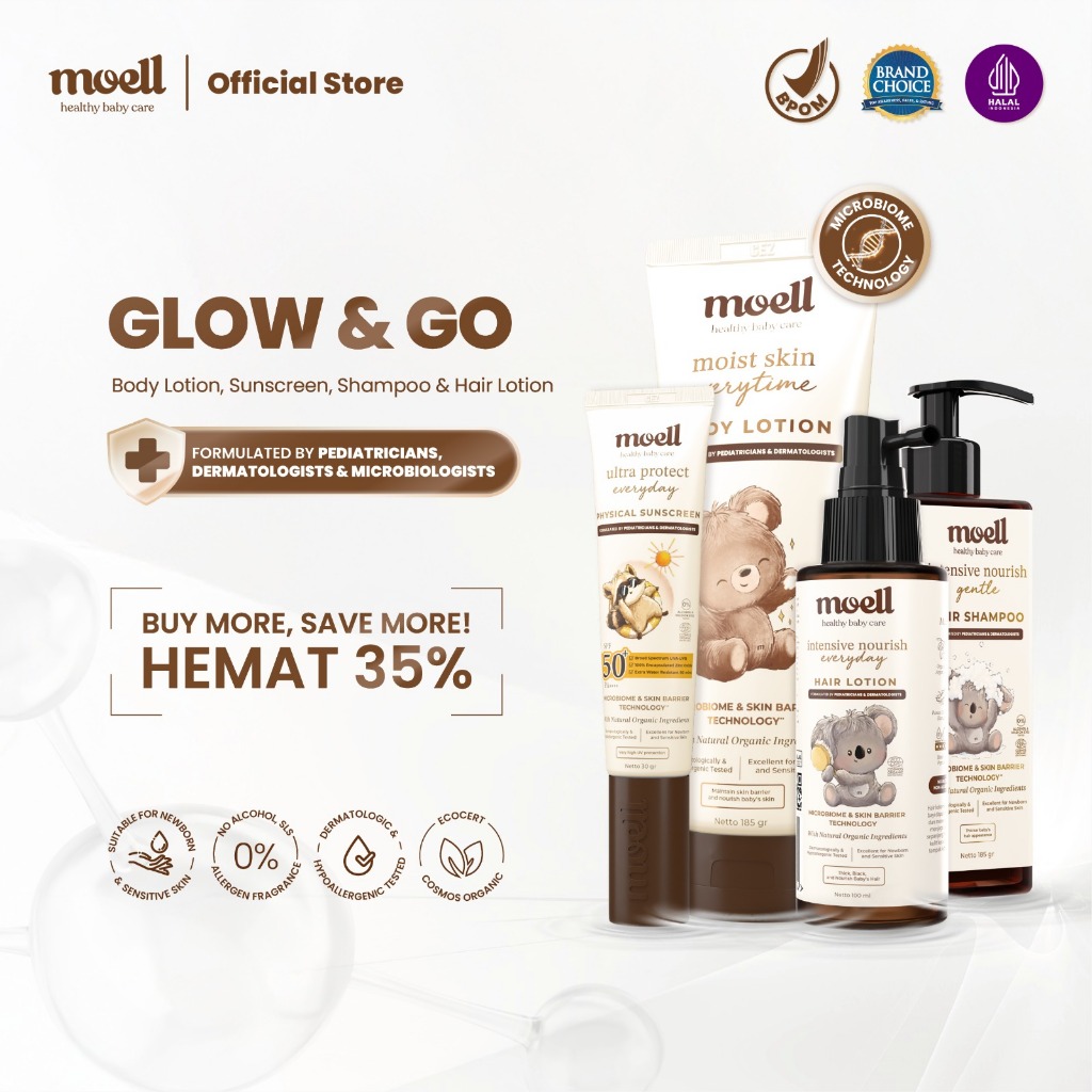 Moell Glow & Go Paket Body Lotion 185gr & Hair Lotion 100gr & Physical Sunscreen 30gr & Shampoo 185g