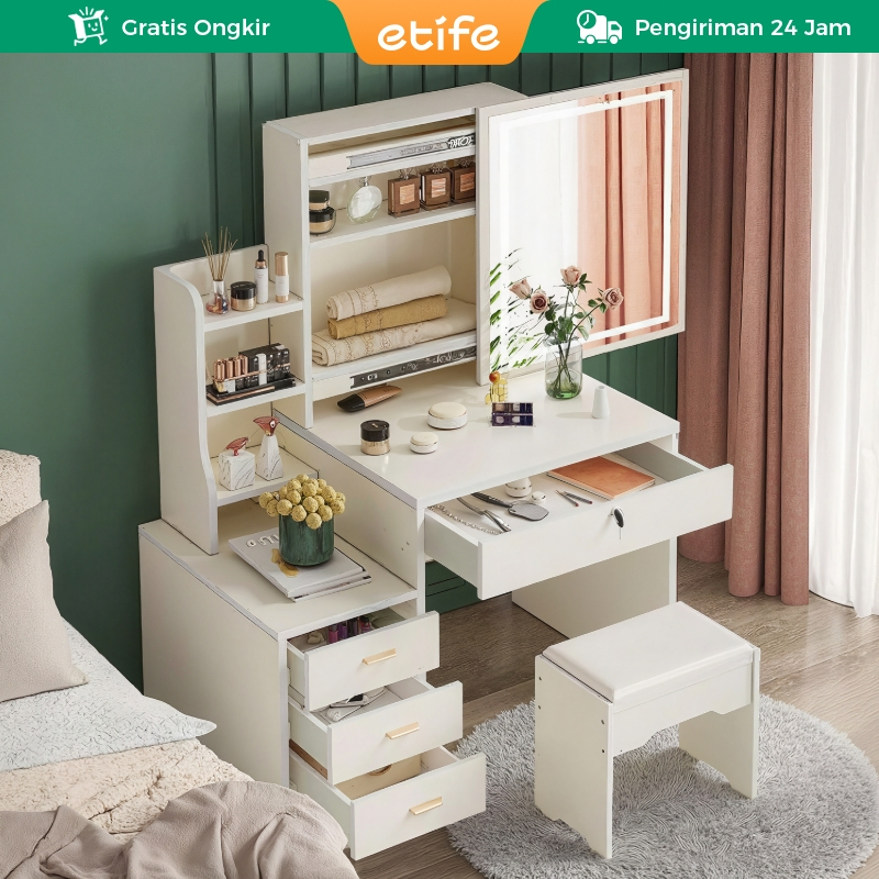 E-TIFE Meja Rias Putih Lampu LED / Meja Rias Kaca Sliding Minimalis / Meja Rias Aesthetic