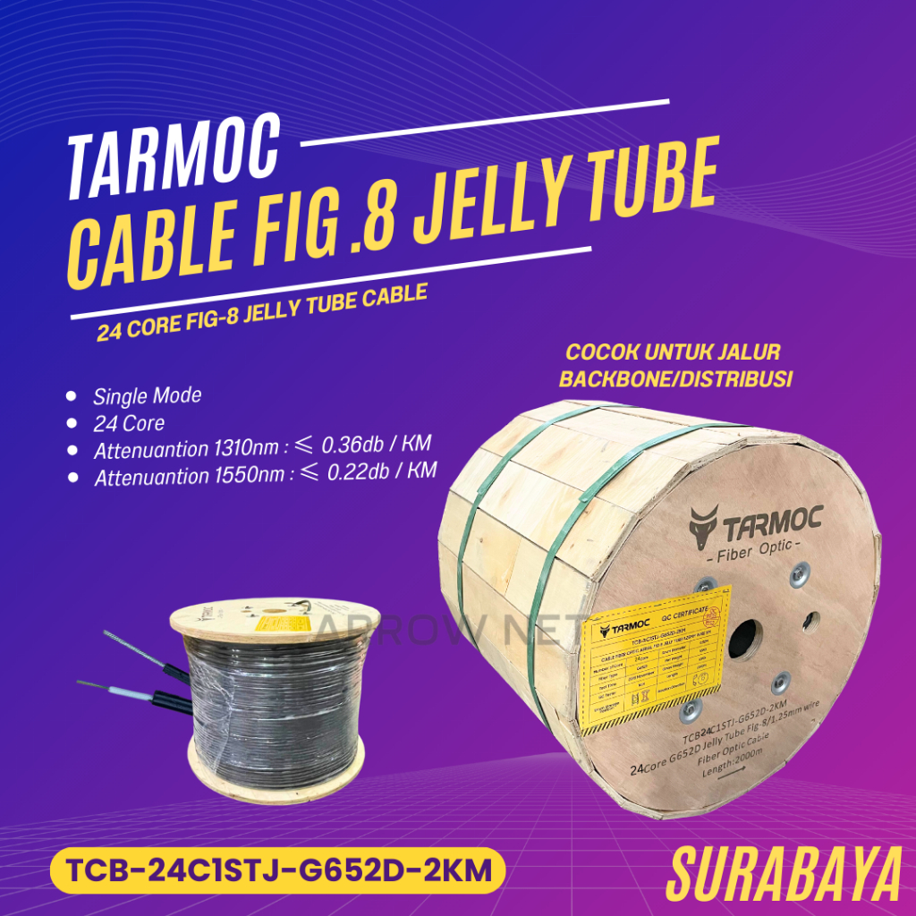 Tarmoc TCB-24C1STJ-G652D-2KM | Fiber Optic Cable G652D Fig-8 Jelly Tube 24 Core 2000m  Kabel FO 24C 