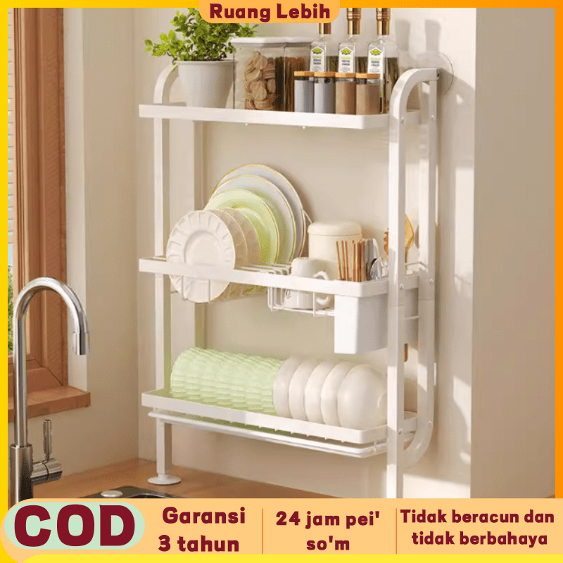 Rak Pengering Rak Penyimpanan Piring Tiga Lapis Dinding Rak Dapur Rak Penyimpanan Rak Mangkuk