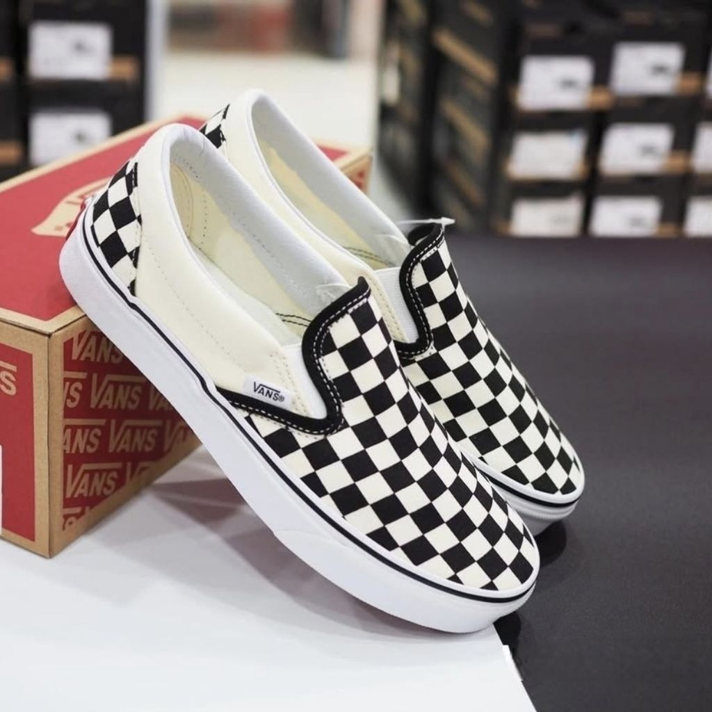 (BISA COD)Sepatu V4ns Slip-On Checkerboard Black White Classic Original[FREE BOX & KAOS KAKI]