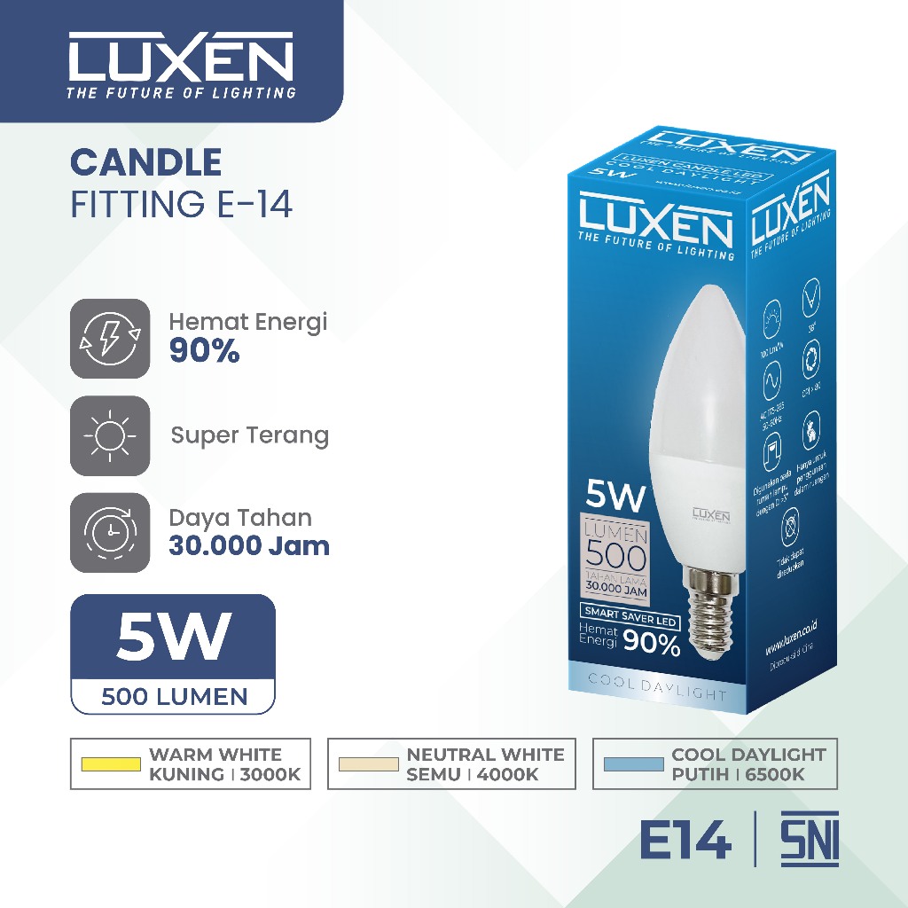 LUXEN LAMPU LED CANDLE 5 Watt Fitting E14 Cahaya Putih, Kuning dan Semu