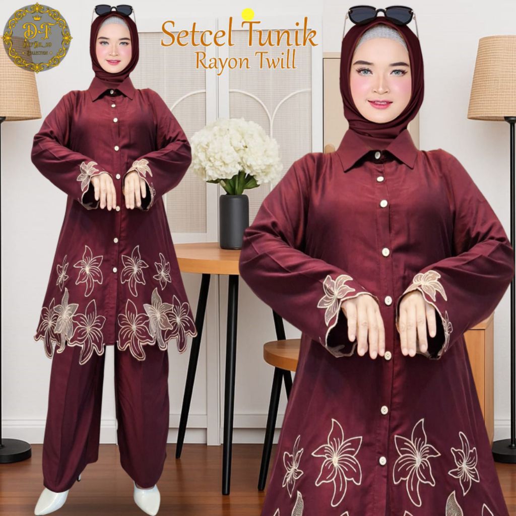 set long tunik bordil marun bahan twill