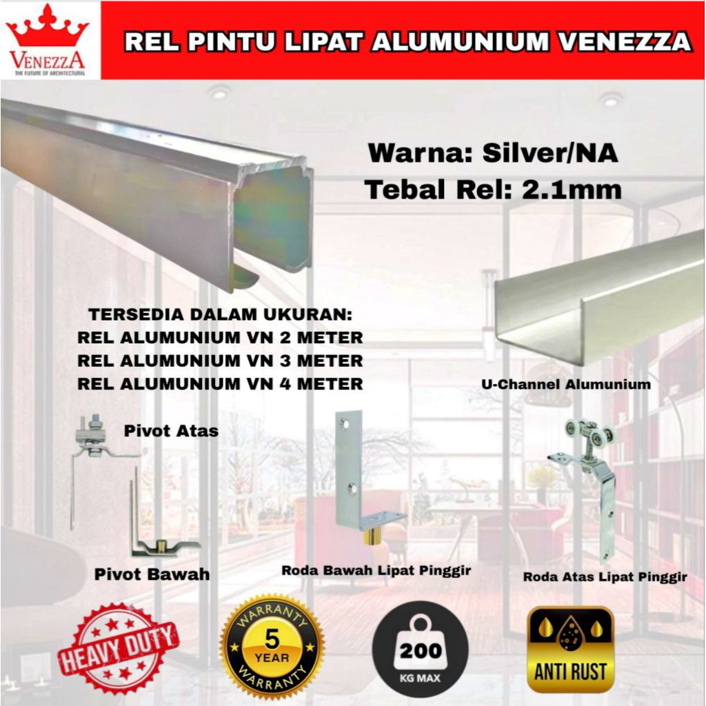 Paket Rel Folding Door/Pintu Lipat Sliding Aluminium Gantung VENEZZA Silver 3 Meter