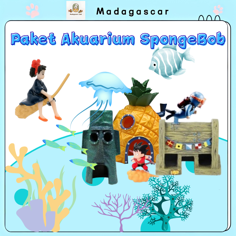 [MADA]Paket Dekorasi Aquarium SpongeBob 40cm, Akuarium Melengkung, Aquascape, Bahan Kaca Melengkung,
