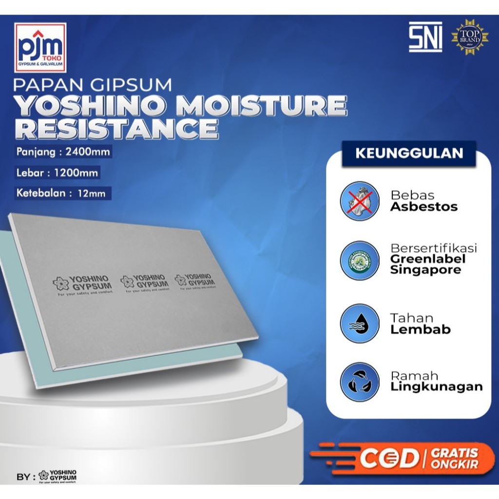 Papan Plafon Gypsum Yoshino Moisture Resistance 12mm