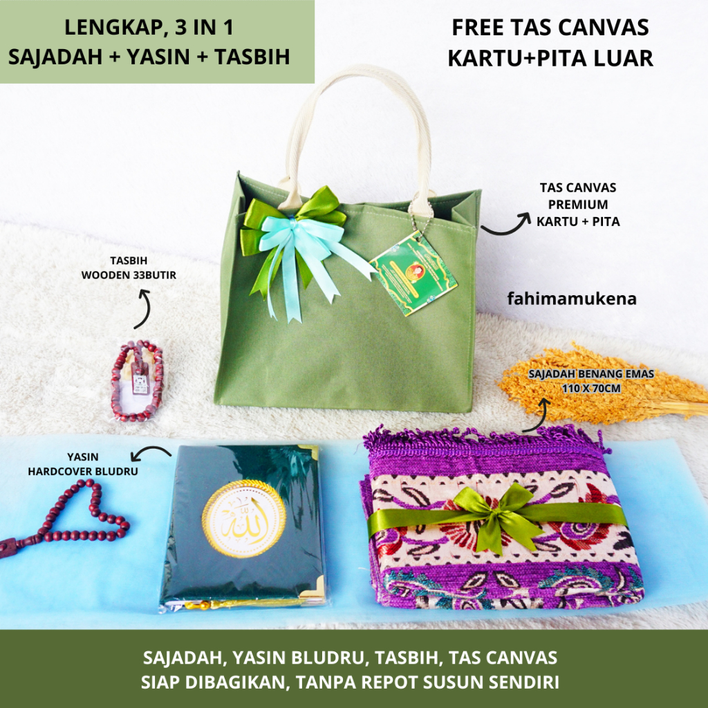 GROSIR SOUVENIR TAHLILAN 40 HARI 1000 HARI 100 HARI ORANG MENINGGAL- Sajadah Benang Emas Yasin Hardc