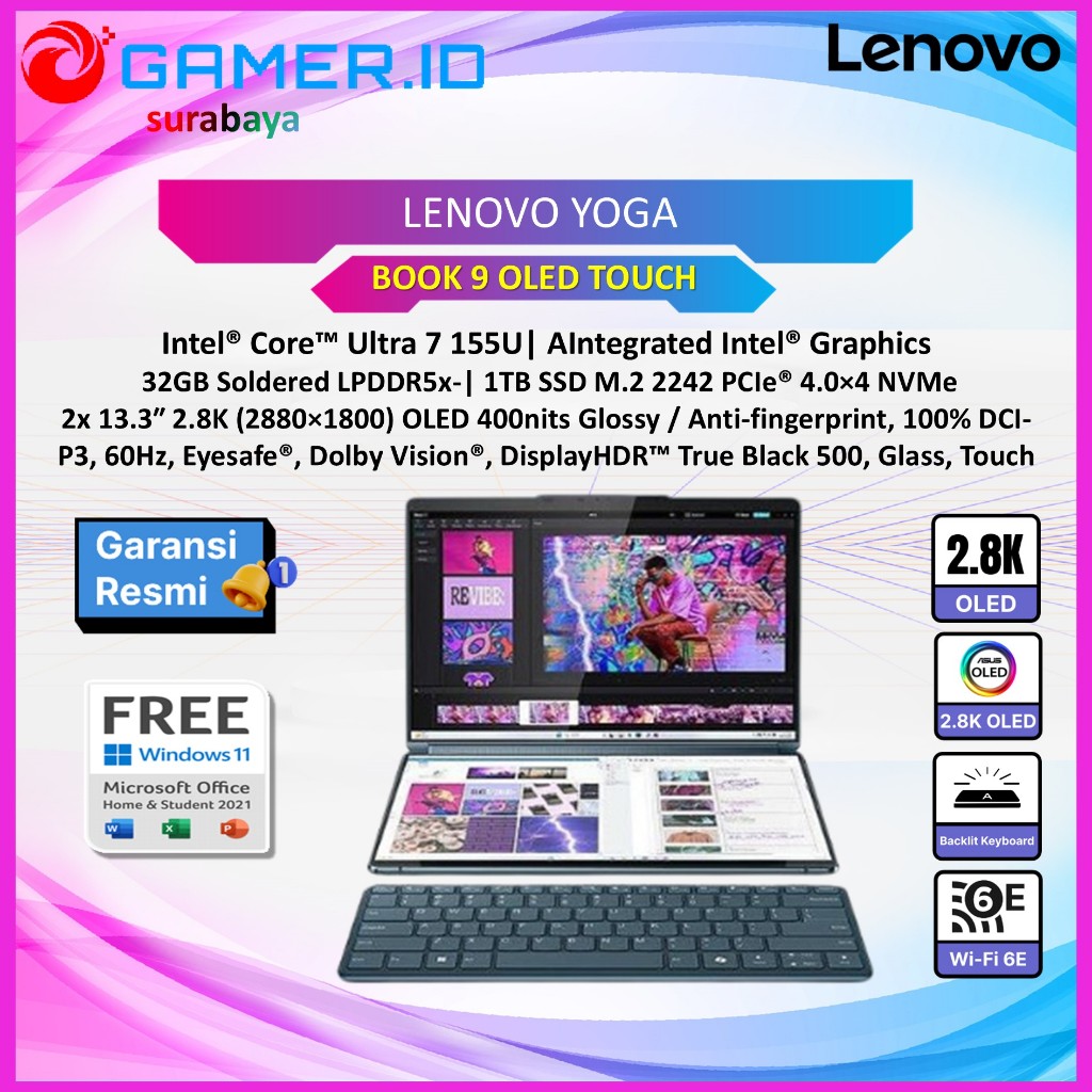 LAPTOP LENOVO YOGA BOOK 9 OLED TOUCH ULTRA 7 155U 32GB 1TB  2X13.3