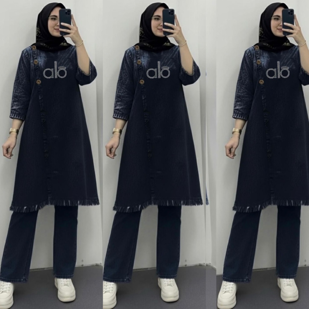 [COD] Jammi Set Tunik Top Celana Setelan Wanita Jeans Jins Denim Terbaru