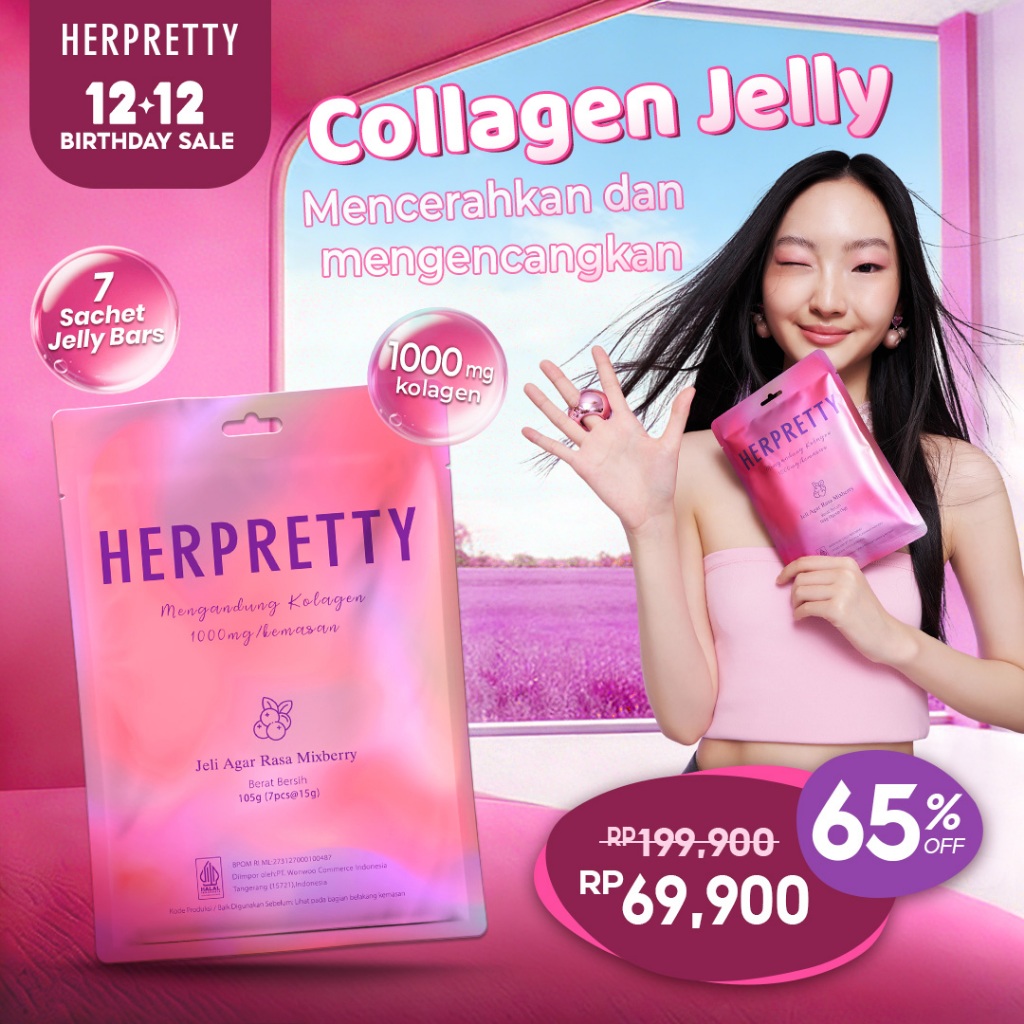 HerPretty Collagen Pink White Jelly Agar Rasa Mixberry - Suplemen dengan 1000mg Peptide Kolagen Ikan