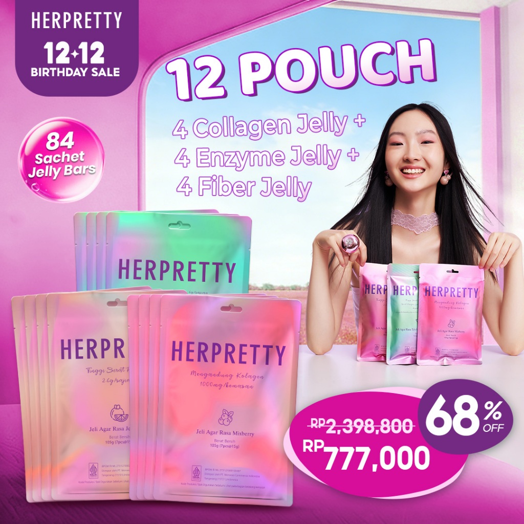 12 Pouch HerPretty Bundle - 4 Pouch Collagen Pink White Jelly Mixberry + 4 Pouch Enzyme Detox Purify
