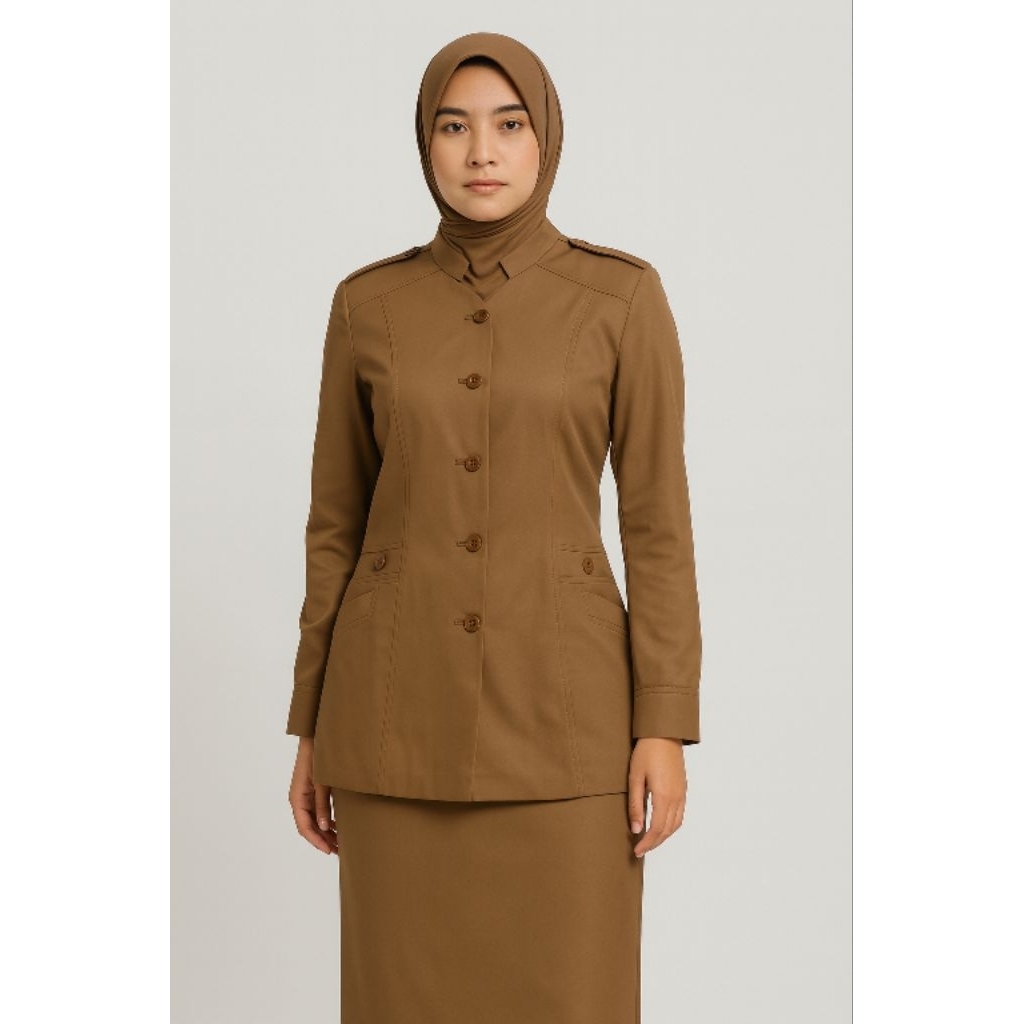 Setelan Blazer PNS Wanita Pemda Tua – Bonus Hijab & Pin Korpri | Kerah Sanghai | Set Rok & Celana