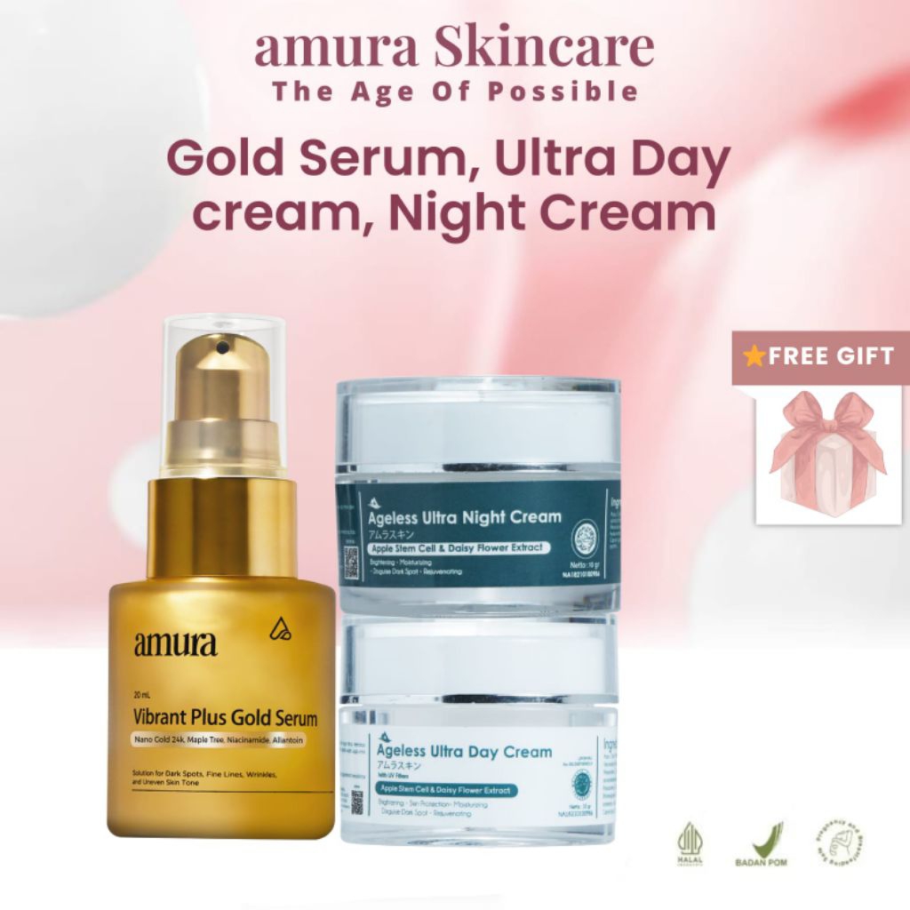 Amura Anti Flek & Pro-Age Set | Gold Serum + Ageless Ultra Day Cream + Ageless Ultra Night Cream