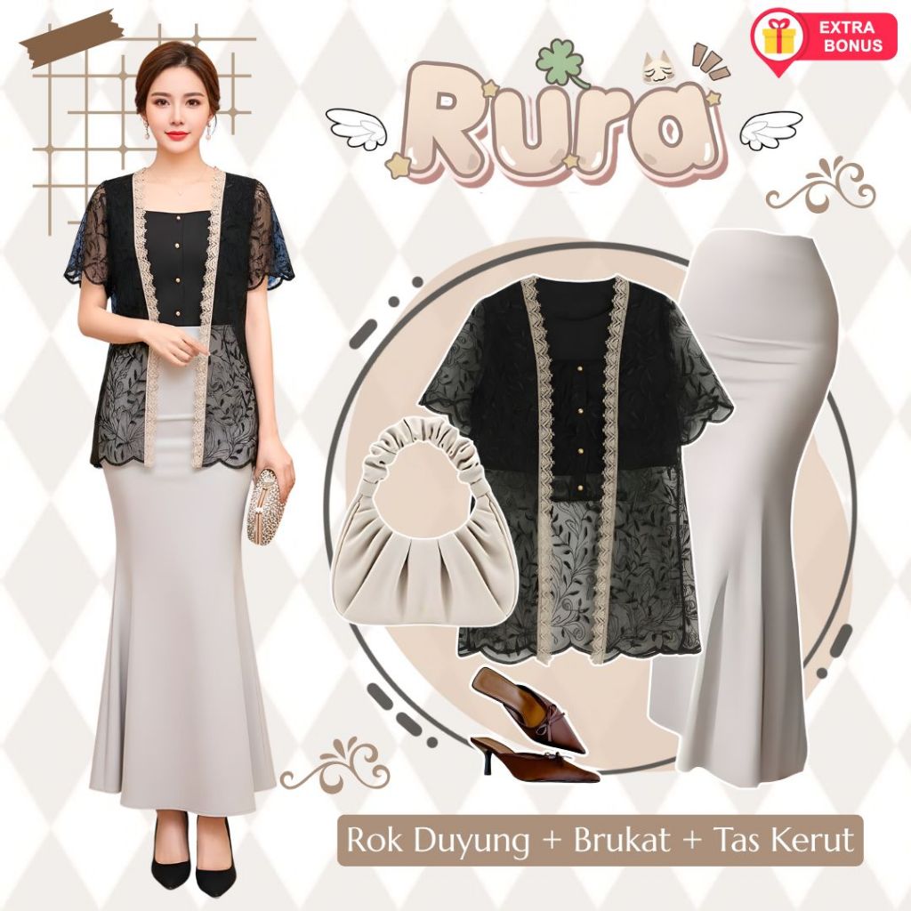 One set 3in1 blouse rok duyung brukat tas kerut | ootd outfit oneset setelan wanita anak perempuan c