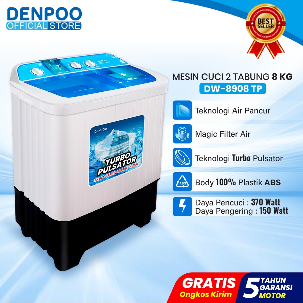Denpoo Mesin Cuci 2 Tabung DW 8908 Turbo Pulsator 8KG