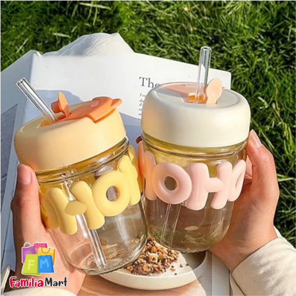 Gelas Kaca HoHo Free Sedotan Dua MODE Minum bisa Minum Langsung dan Minum dengan Sedotan - tempat mi