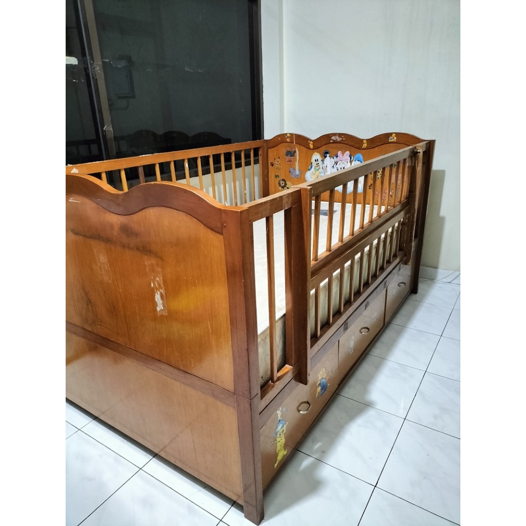 Box Bayi Kayu Bekas / Ranjang Bayi Kayu Second Ada Laci & Pagar Geser | Kasur Bayi Kayu