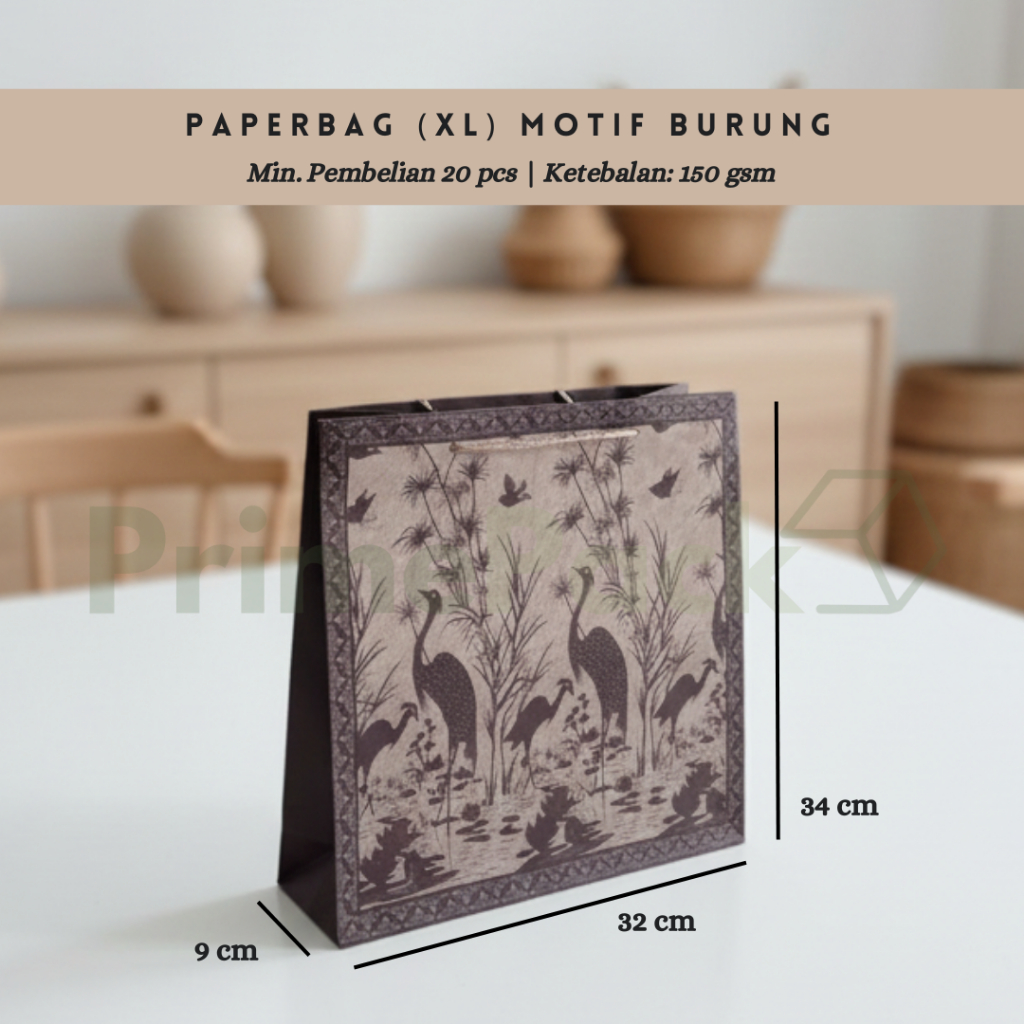 Paperbag XL Motif Burung Bahan Kraft Ketebalan 150 gsm Tas Kertas Besar Coklat