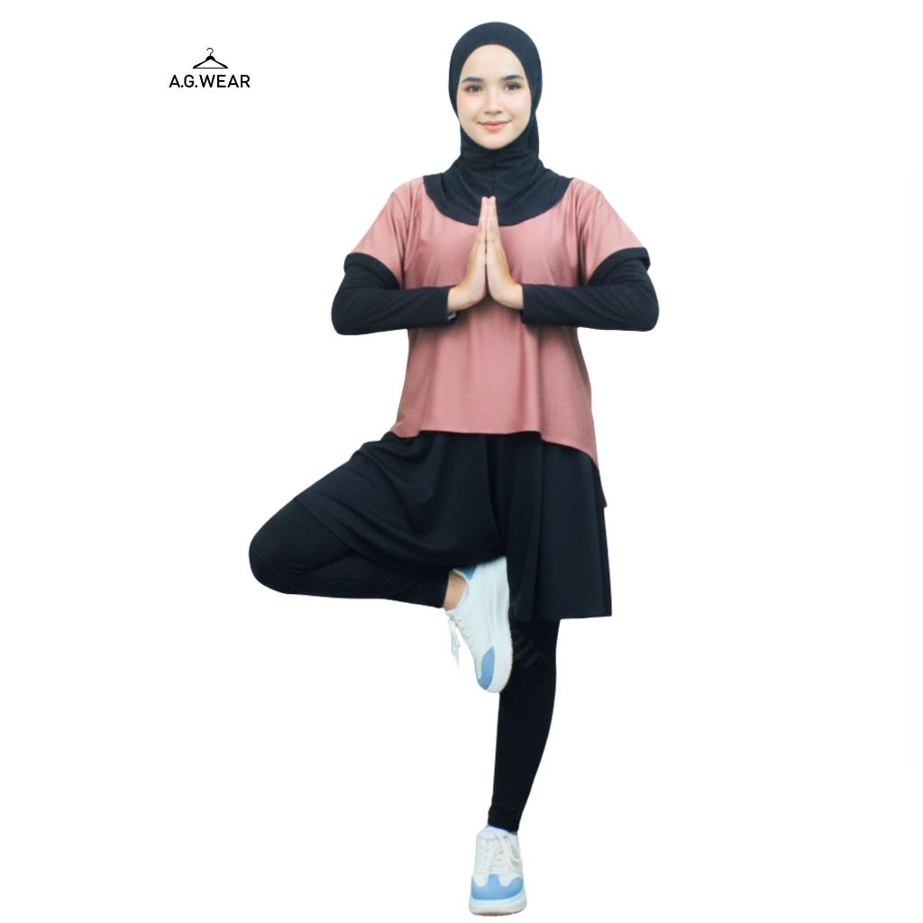 Setelan Olahraga Agnia Muslimah 3in1 Jersey Premium Rok Legging Jilbab Atasan Sport Wanita Jumbo & S