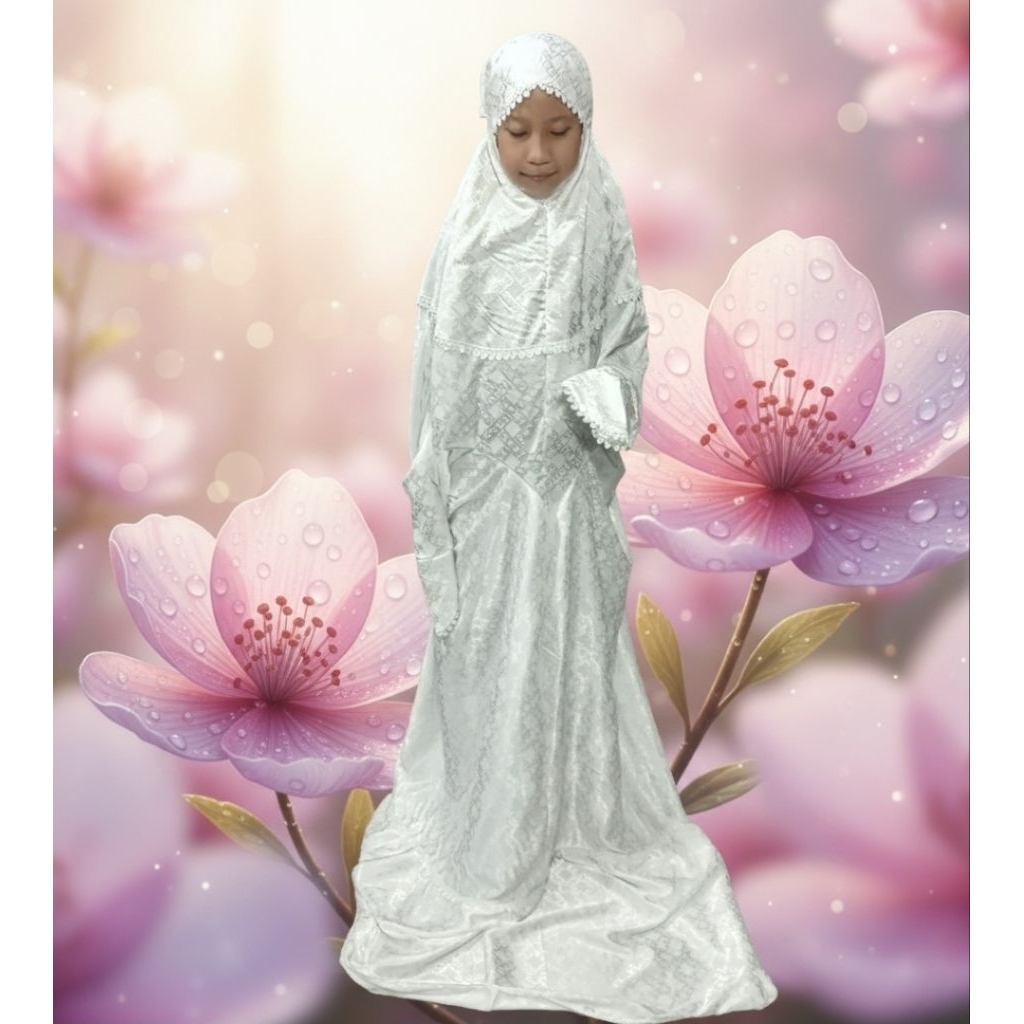 Mukena Terusan Anak SD Pakai Tangan Mukena Semi Sutra Bunga