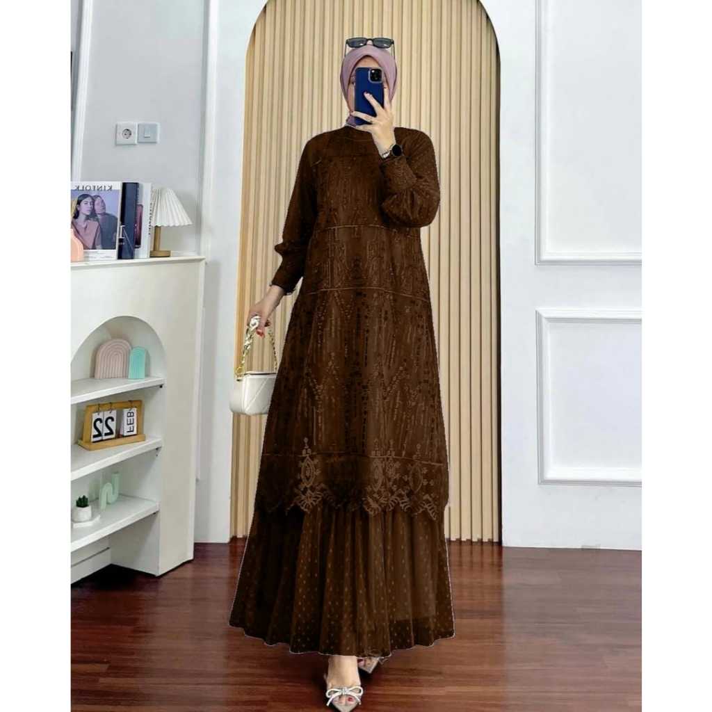 Dress Brukat Meisya Gamis Kondangan Tille Mix Brukat Wanita Muslim ALL SIZE  Warna mahogany