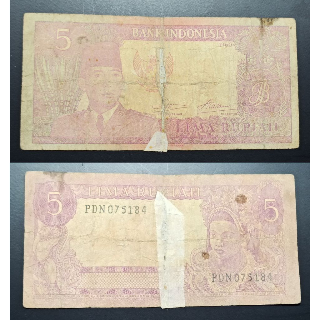 uang kuno Indonesia 5 rp seri sukarno tahun 1960 p2545