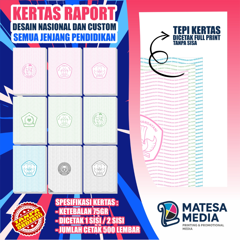 KERTAS RAPORT SEMUA JENJANG PAUD TK SD MI MTS DAN SMA CETAK DEPAN BELAKANG