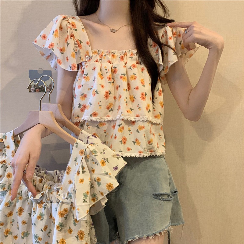 Moogu - Kamisol Korea Baju Motif Bunga Rompi  Atasan Wanita