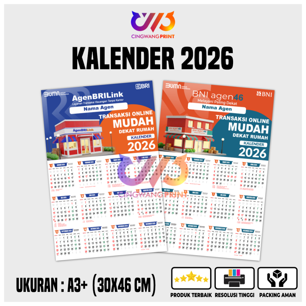 Kalender Dinding 2026 agen BRILink, BNI agen46 Bisa Custom Nama Agen/Toko ArtPaper 260