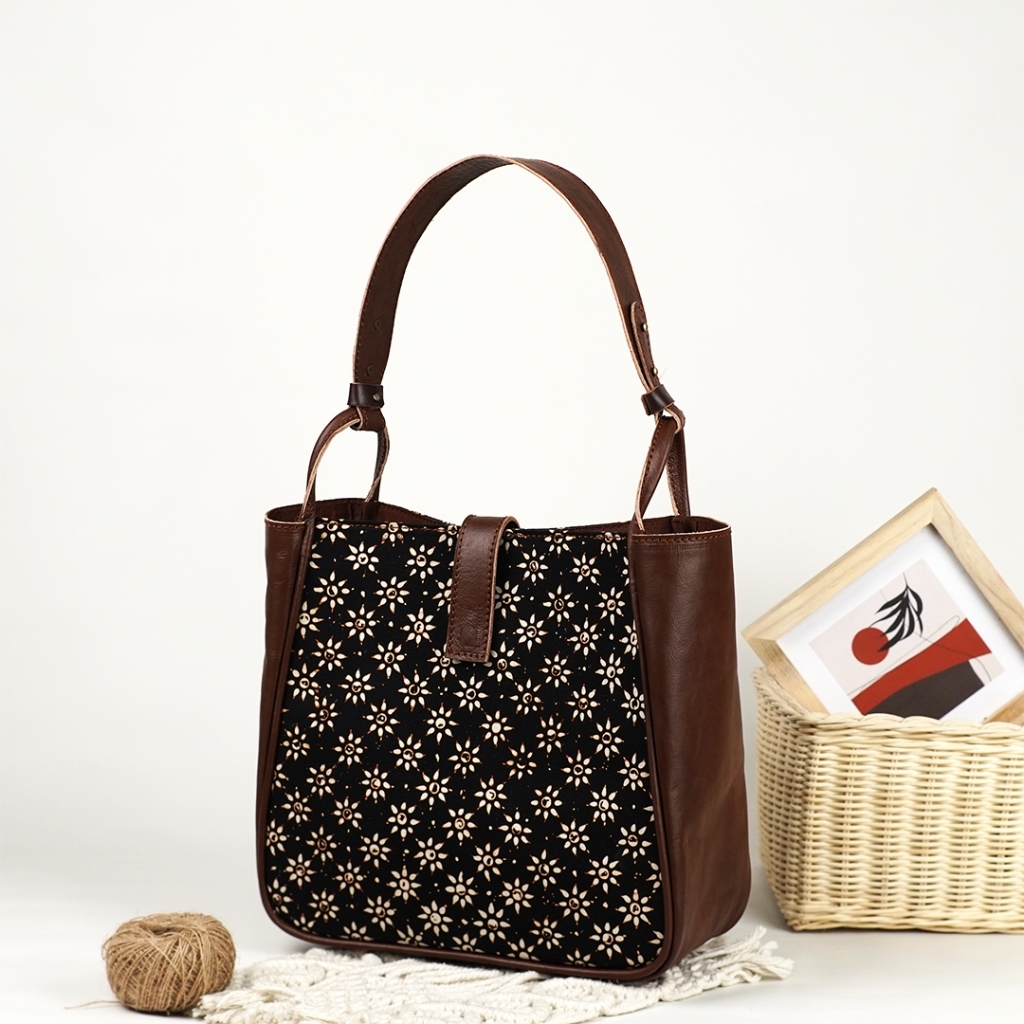 Tas Tote Wanita Batik Cap Kulit Sapi | Tas Bahu Etnik Modern Beltote Nayla