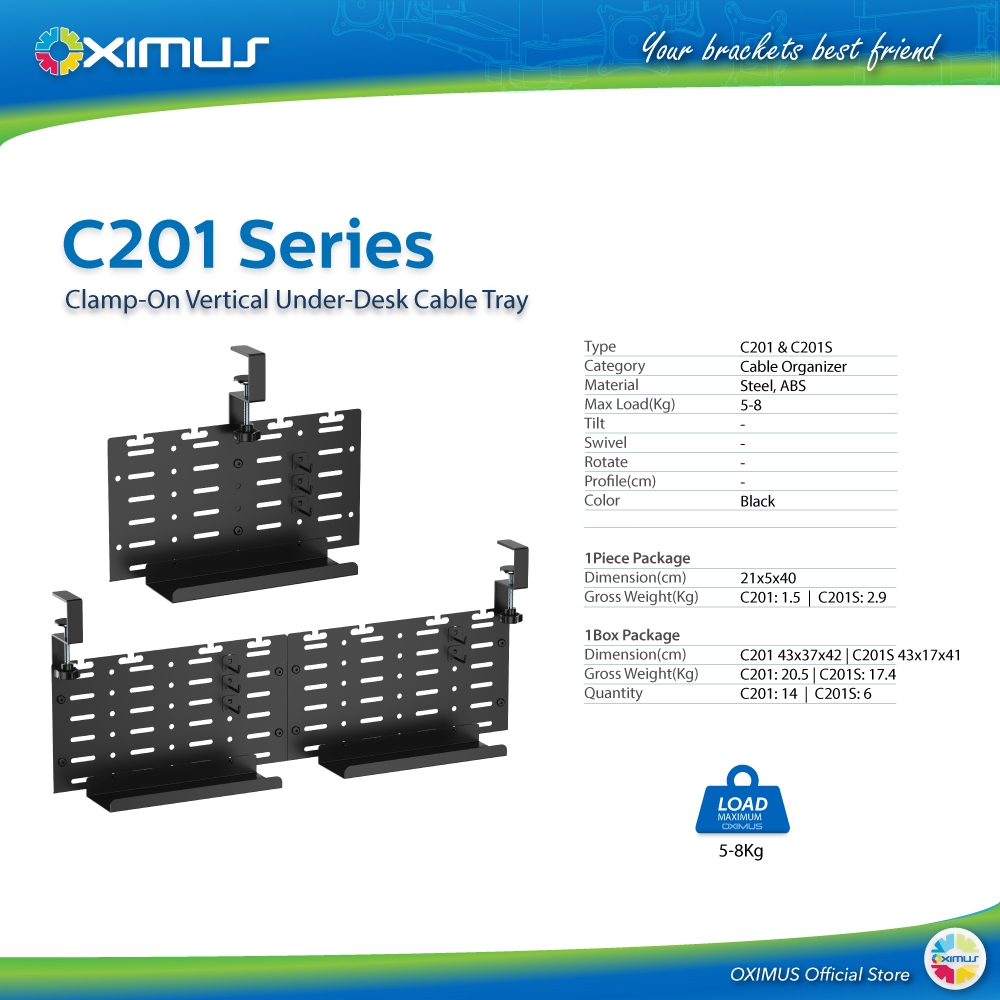 Oximus C201 | C201S Bracket Underdesk Cable Management Vertical Design | Braket Kabel Bawah Meja Ver