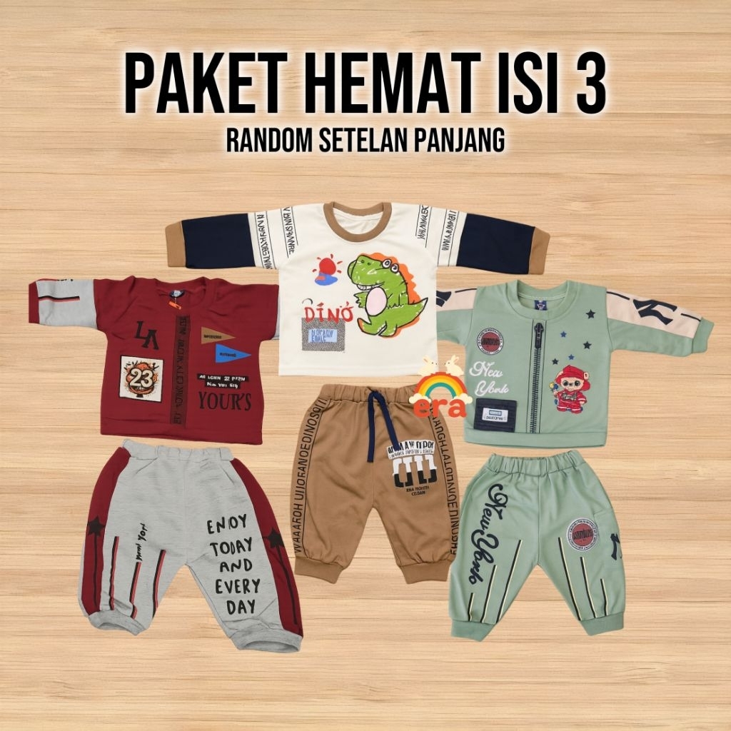 ERA BABY - Paket Hemat Isi 3 Setelan Panjang Baju Bayi Anak Cowok Baby Terry Fashion untuk Umur 6 Bu