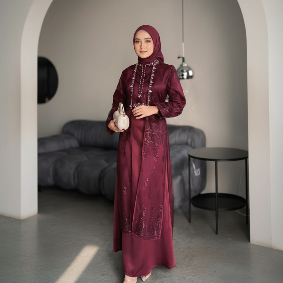 Dress Wanita Tiara Set Outer Brukat Gamis Lebaran 2026 Model Gamis Terbaru Baju Kondangan Kekinian