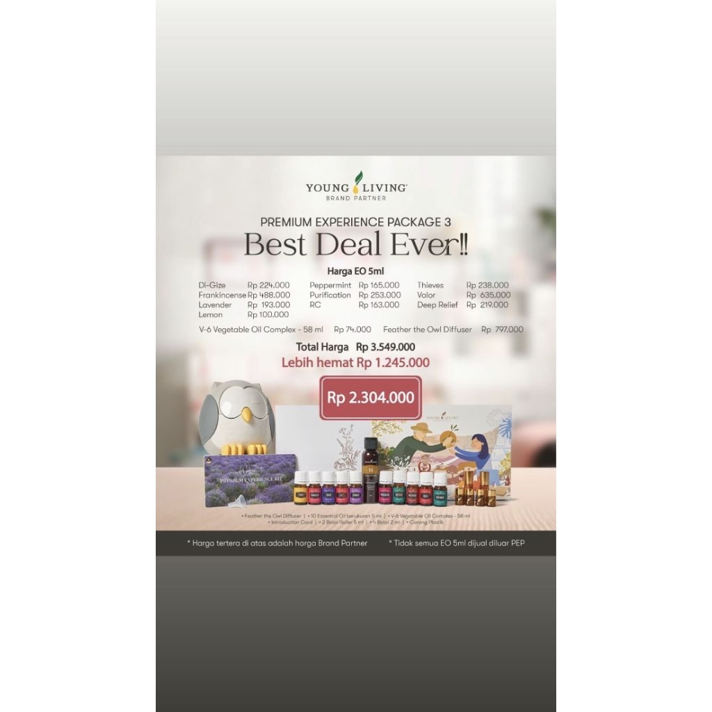 PREMIUM EXPERIENCE PACKAGE PEP DIFFUSER OWL YOUNG LIVING AROMA TERAPI