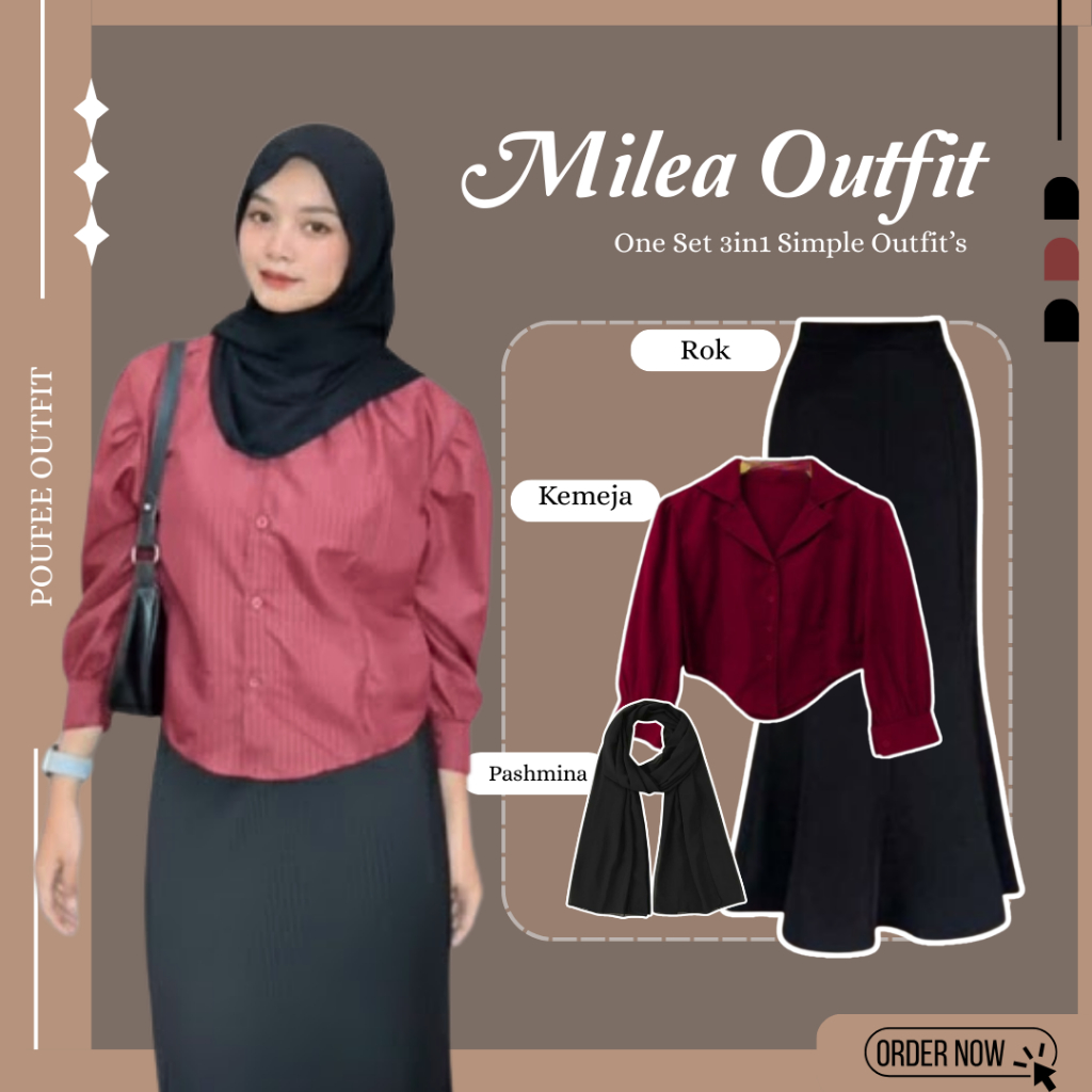 Setelan Wanita 3in1 Set Milea Outfit (Rok Duyung - Kemeja - Pashmina) Outfit Santai Look