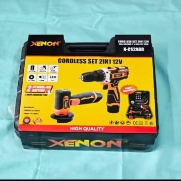 XENON CS2AGID12 Cordless set 2in1 Bor 10mm dan Gurinda 3inch Plus Accesories 24pcs