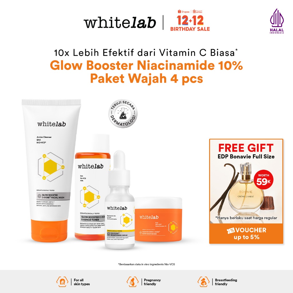Whitelab 4 pcs Glow Booster C-Dose+ Brightening Paket Wajah - Facial Wash, Toner, Serum, with Moistu