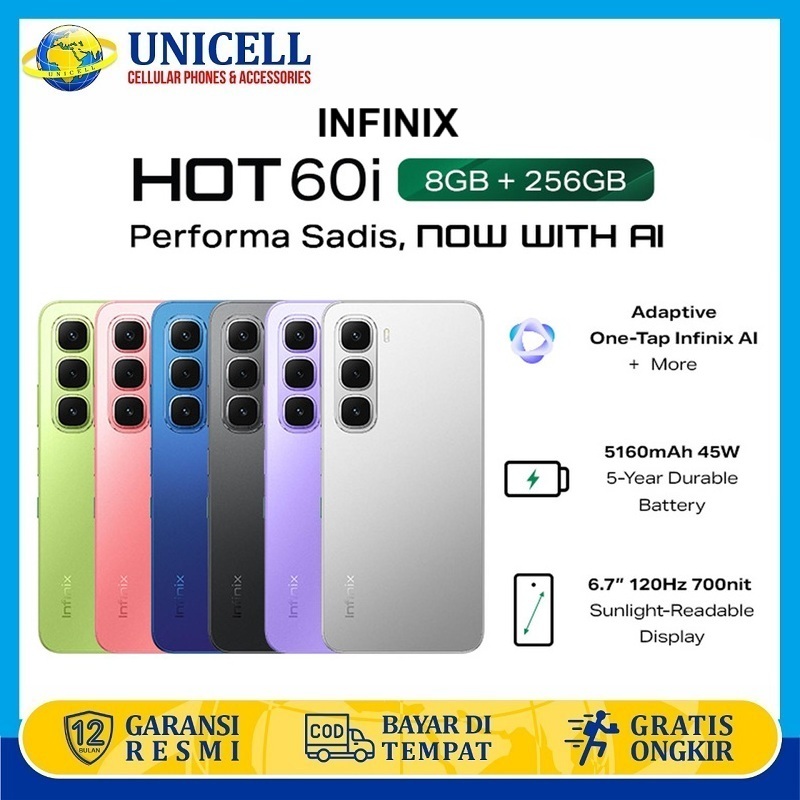 Infinix Hot 60i RAM 8/256GB Chip Helio G81 120Hz HD+ Kamera 50MP NFC Baterai 5160 mAh