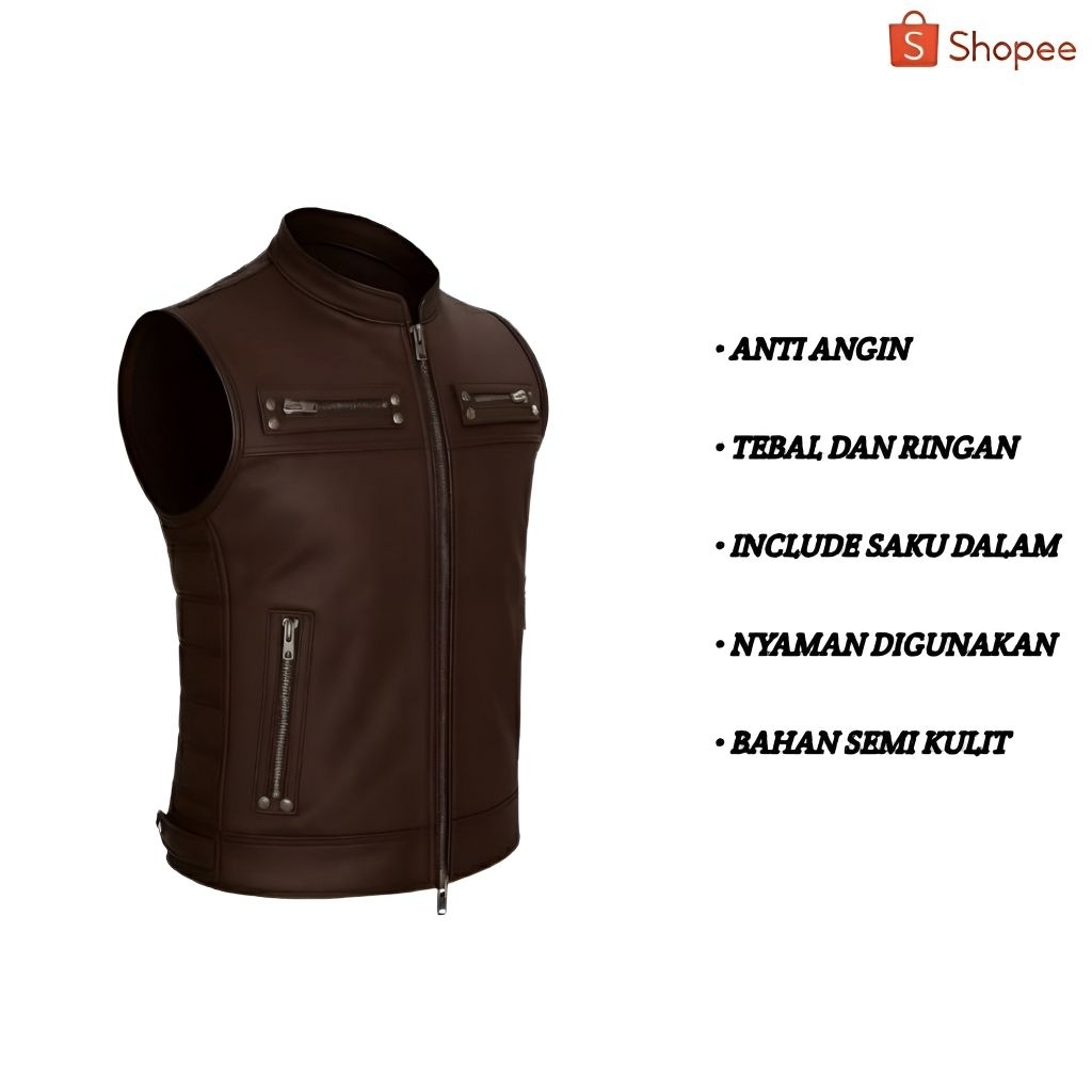 Rompi Vest Kulit Pria Kualitas Tebal Anti Angin | jaket Motor Touring Terbaru