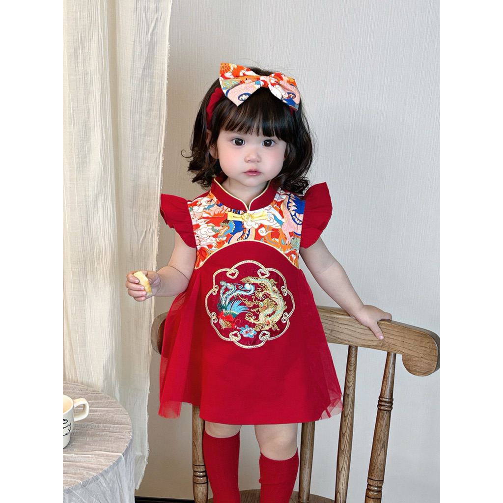 (6BULAN - 3 TAHUN) Qipao Cheongsam Hanbok Korea Merah Baby Romper Import Baju Imlek Bayi | Dress Mer