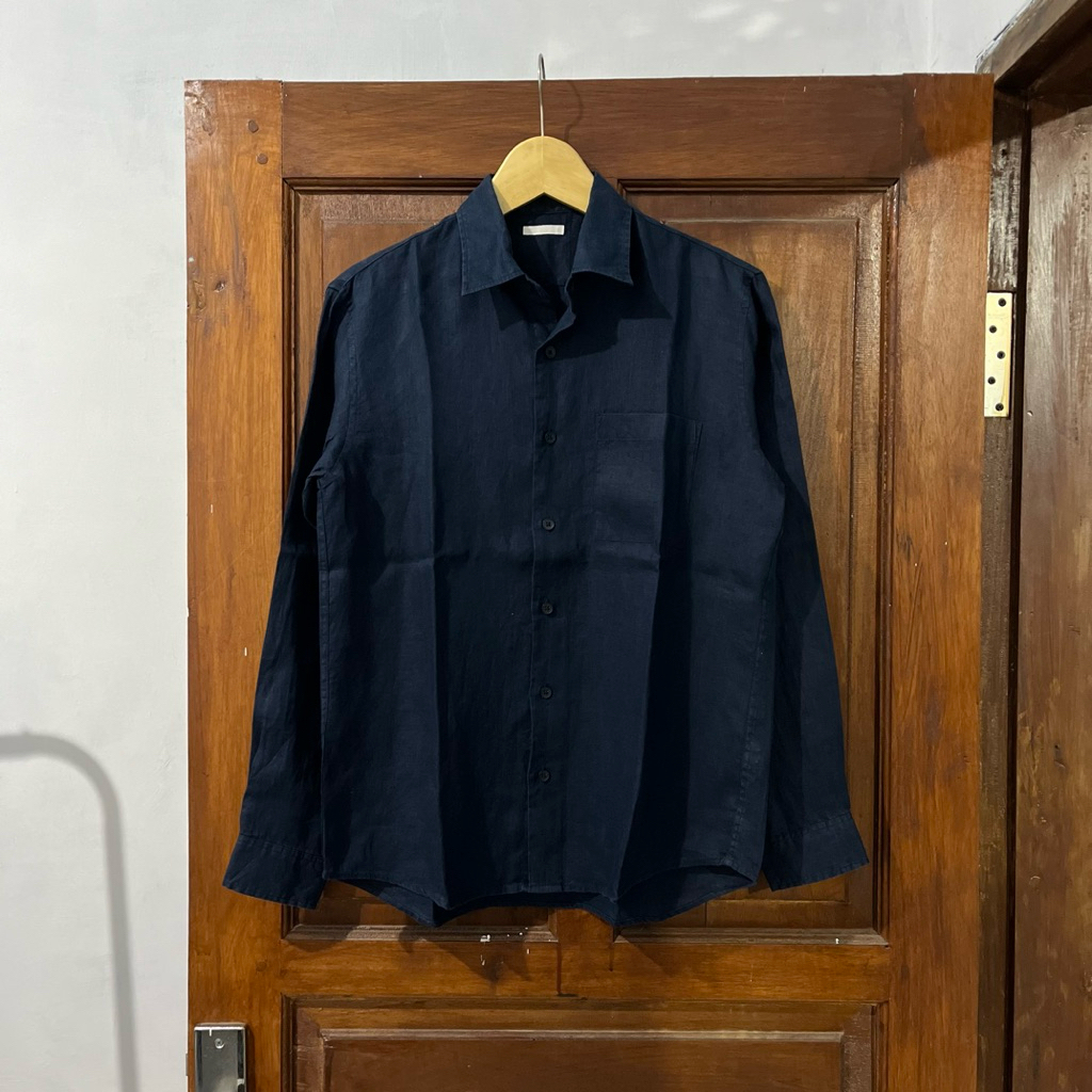 [S-M] Uniqlo GU Cotton Linen Long Sleeve Shirt I Blue Navy I Vintage Vtg Retro Kemeja Garis-garis Sa